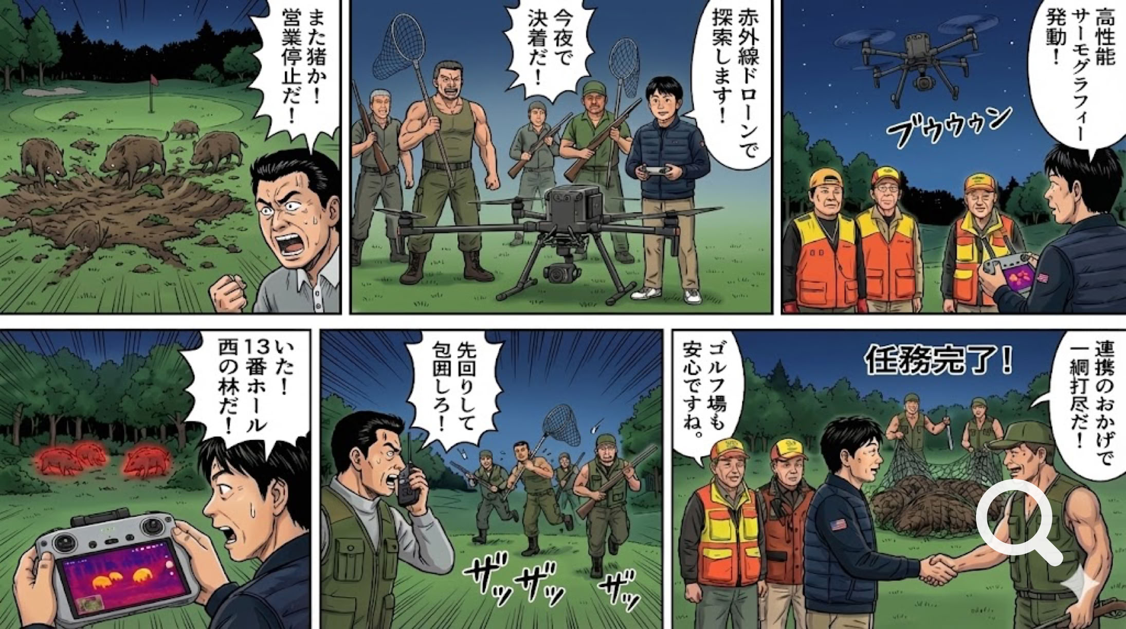 サーマル調査と猟友会が連携する様子を描いた漫画